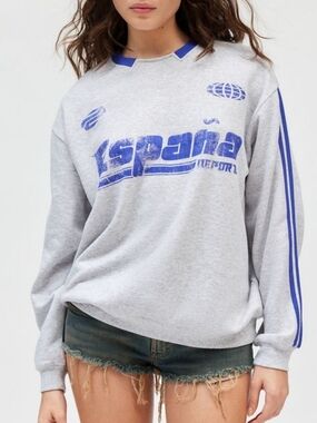 Urban Outfitters Gray Espana Striped Graphic Oversized Pullover Sweatshirt